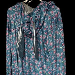 Bunny Ear Open Front Duster With Floral Pattern and Shiny Hood